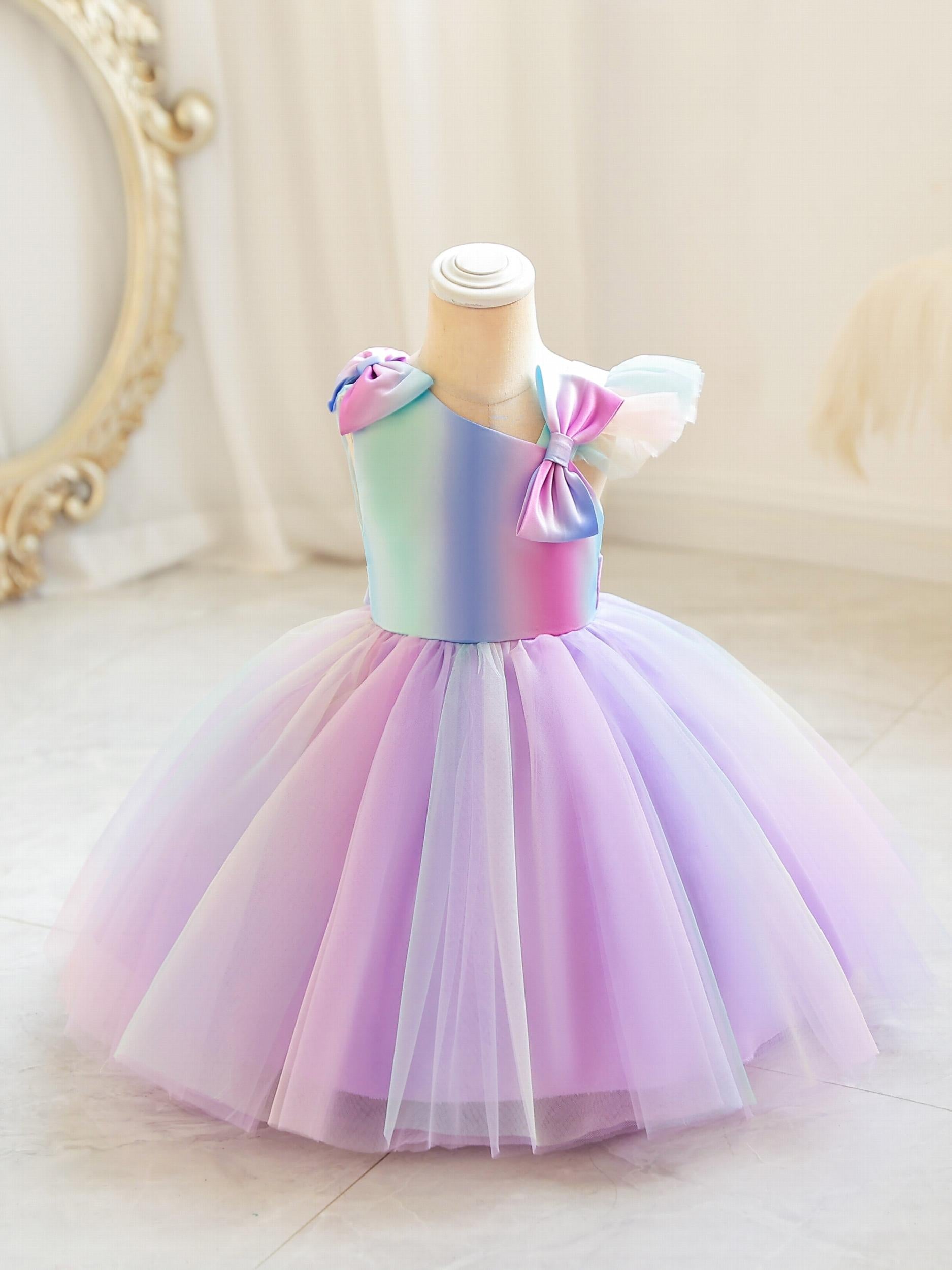 Girls Sleeveless Princess Dress with Bow Mesh Panelled Bodysuit