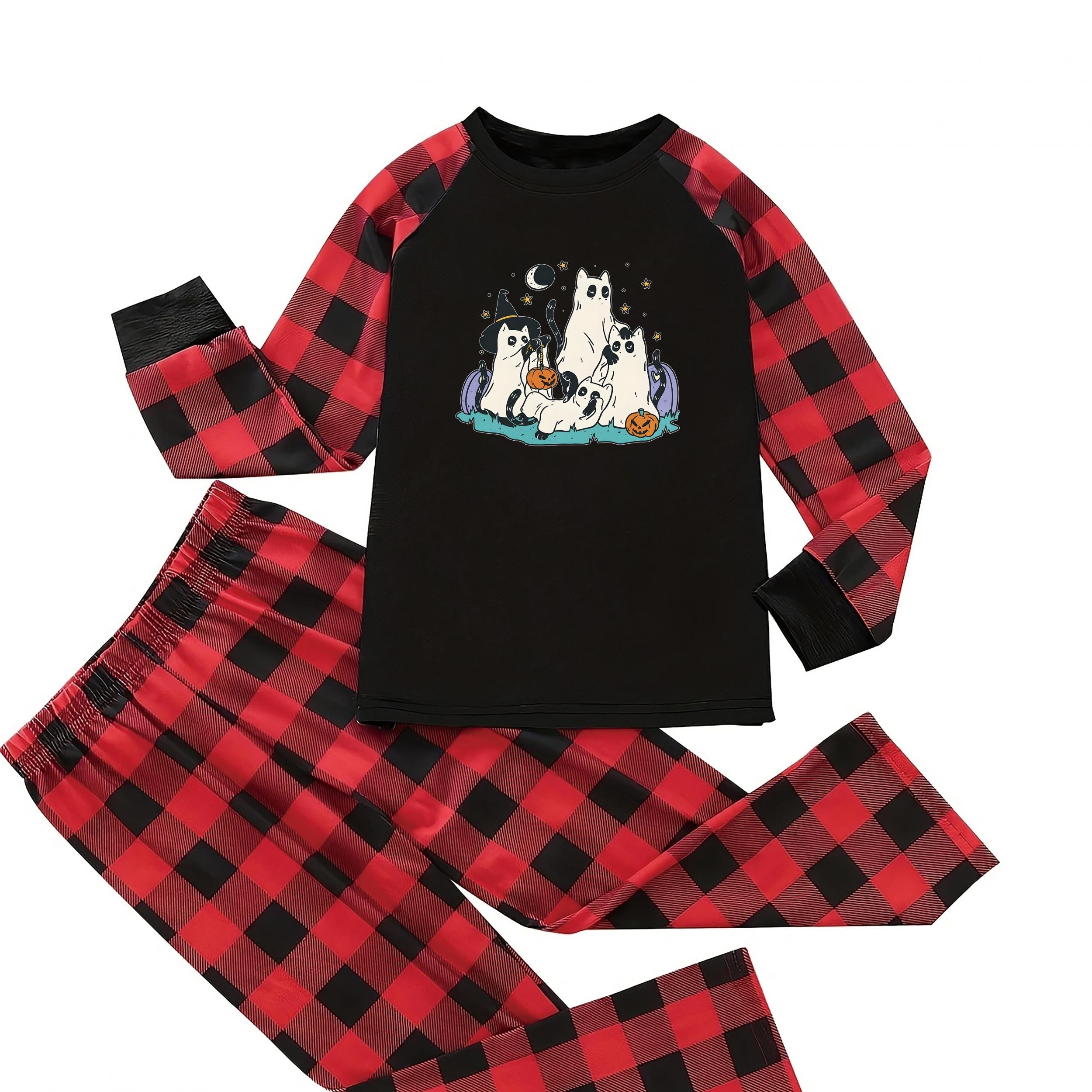Plus Size Cat Ghost Pajama Set Women's Tee & Pants Lounge Two Piece Set
