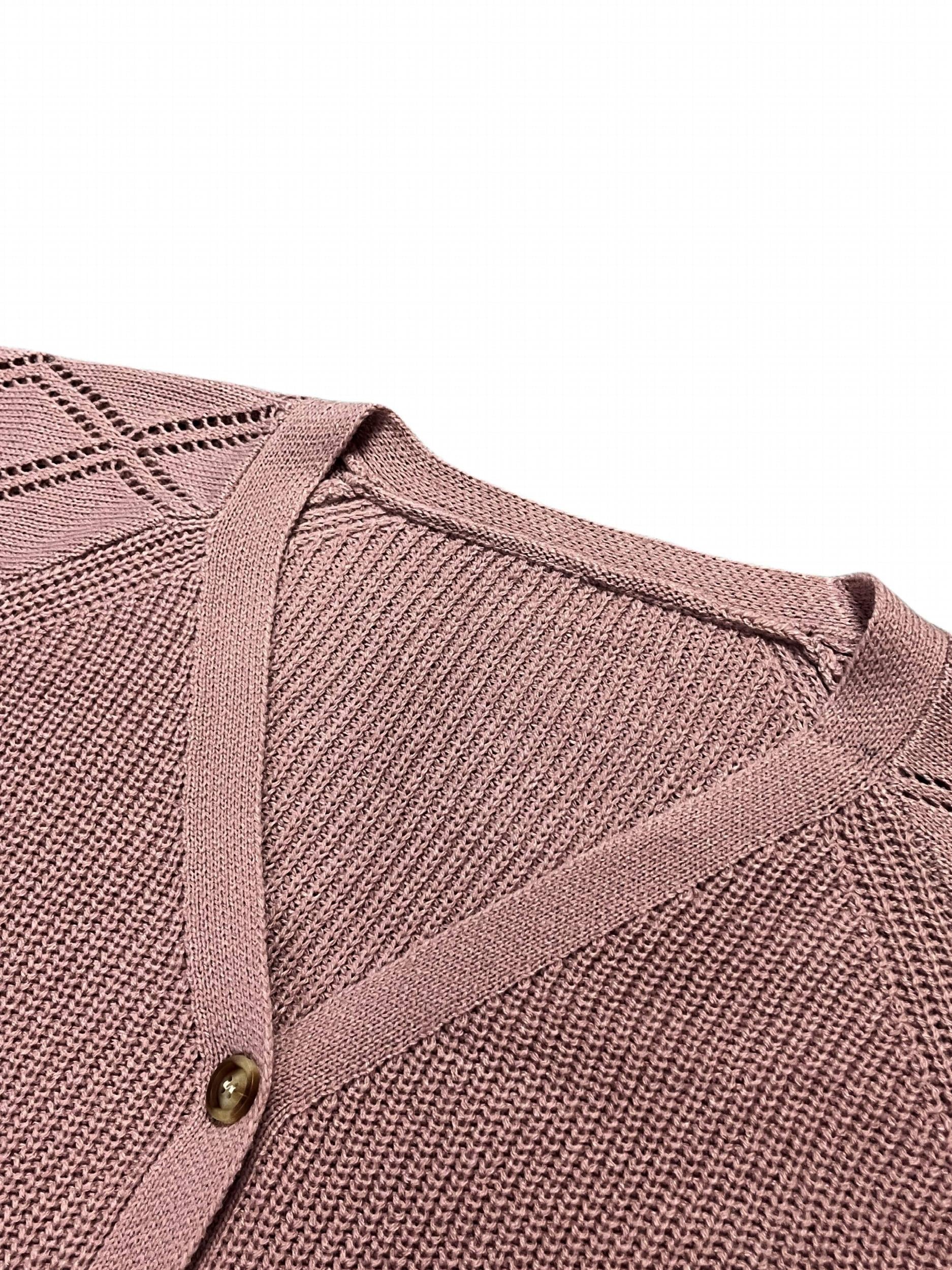 Solid Pointelle Long Sleeve V Neck Button Up Knit Cardigan