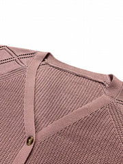 Solid Pointelle Long Sleeve V Neck Button Up Knit Cardigan