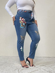 Y2K Jeans Women's Plus Butterfly Print Washed Skinny Jeans