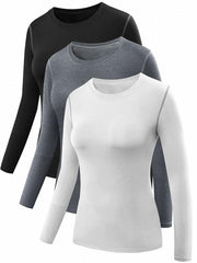 3pcs Solid Round Neck Sports Top Long Sleeve Yoga T-shirt