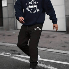 Men's Coffee Cup Print 2Pcs Outfits Crew Neck Long Sleeve T Shirt Hoodie & Sweat