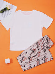 Letter Print Pajama Set Short Sleeve Crew Neck Top & Lounge Pants