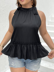 Solid Ruffle Trim Knot Halter Neck Tank Top