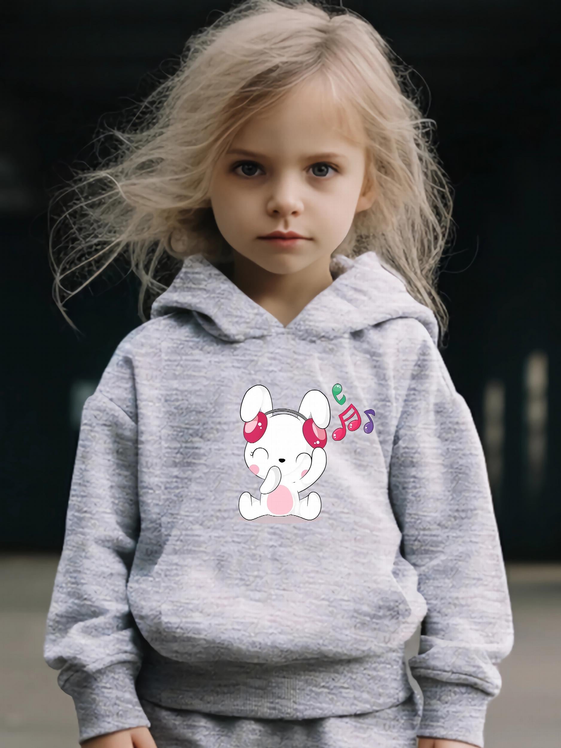 Kid's Singing Bunny Print Hoodie & Pants Set Girl's Sporty Clothes