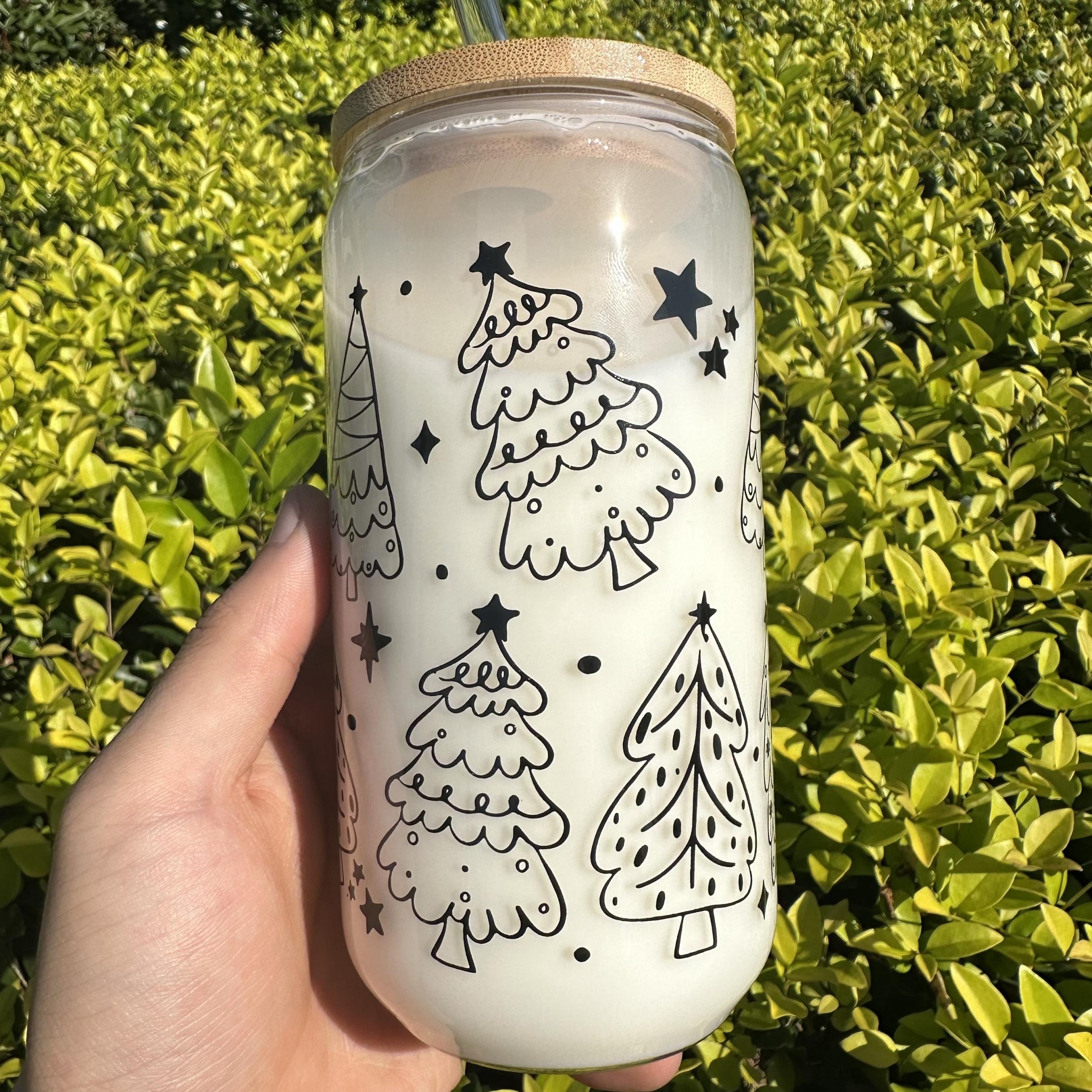 Christmas Tree Glass Cup Set with Lid & Straw 16oz 500ml Holiday Gift
