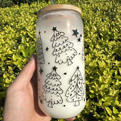 Christmas Tree Glass Cup Set with Lid & Straw 16oz 500ml Holiday Gift