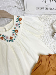 Girls Puff Sleeve Flowers Embroidery Blouse Top & Button Ruffles Shorts
