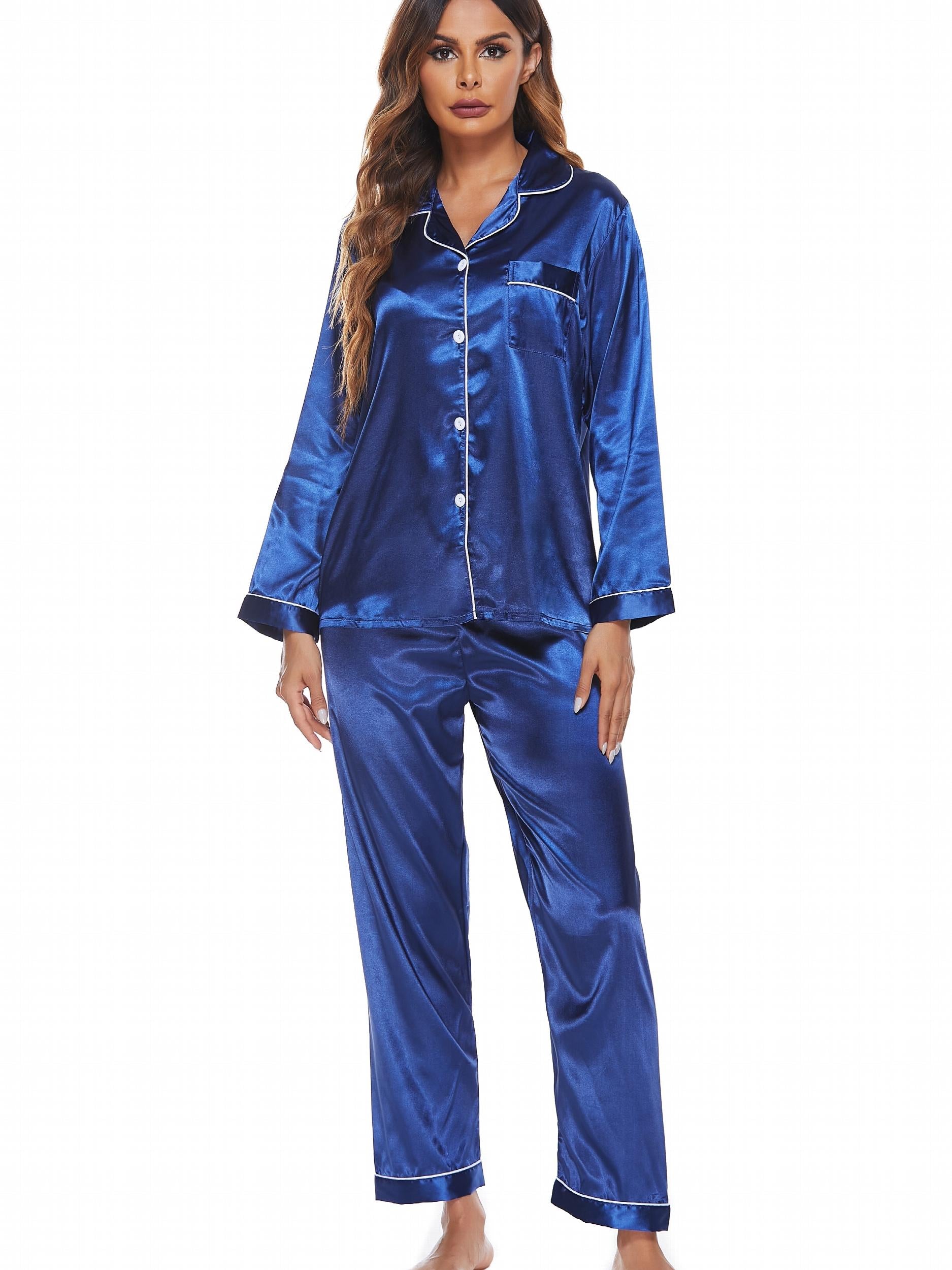 Satin Pajama Set Long Sleeve Button Up Top & Elastic Waistband Pants