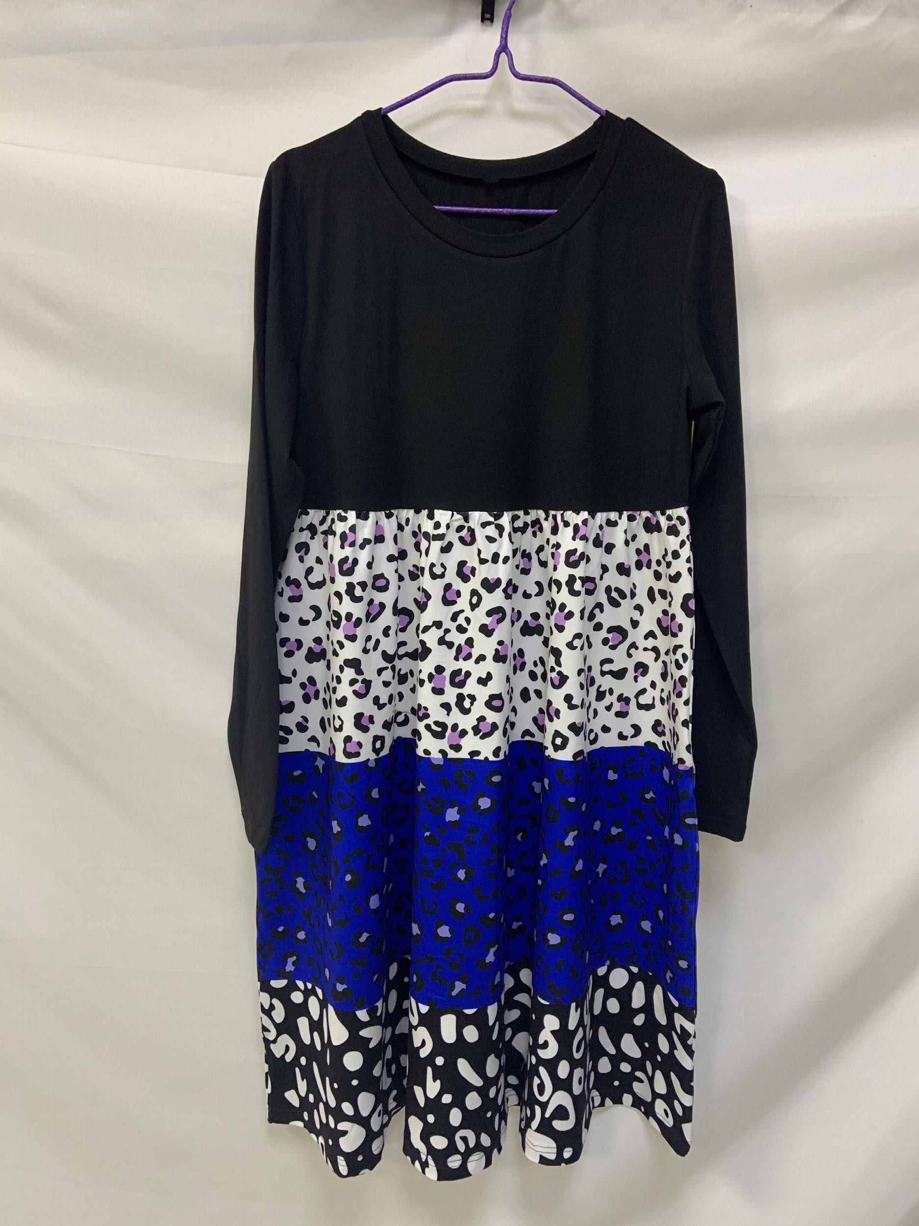 Colorblock Leopard Print Long Sleeve Round Neck Knee Length Dress