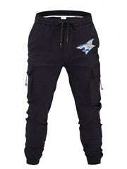 Mens Cartoon Shark Print Cargo Pants Loose Fit Drawstring Joggers