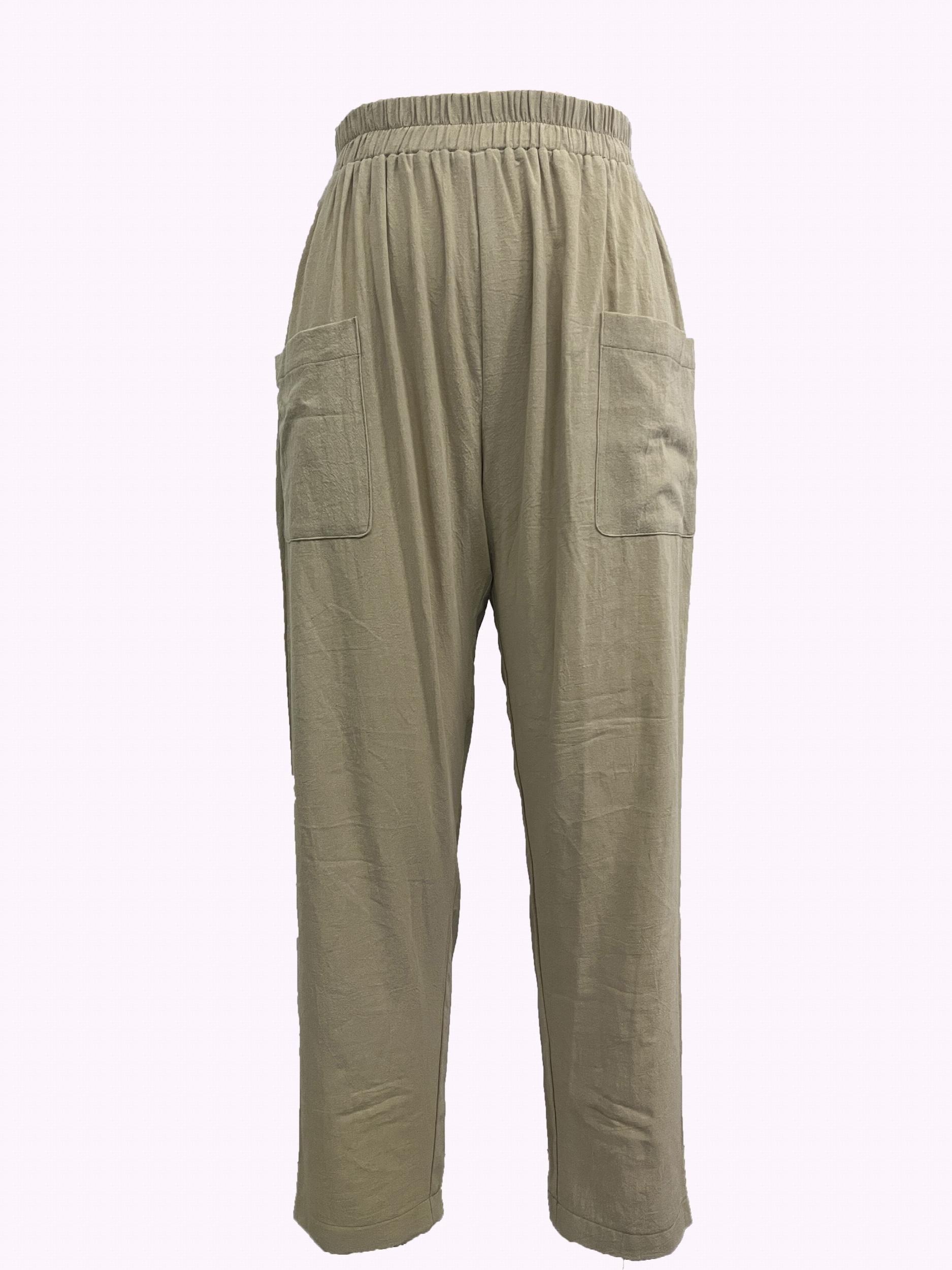 Elastic Waist Pocket Cropped Pants Casual Loose Pants