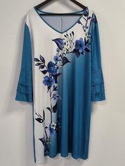 Floral Print Layered Sleeve V Neck Boho Dress