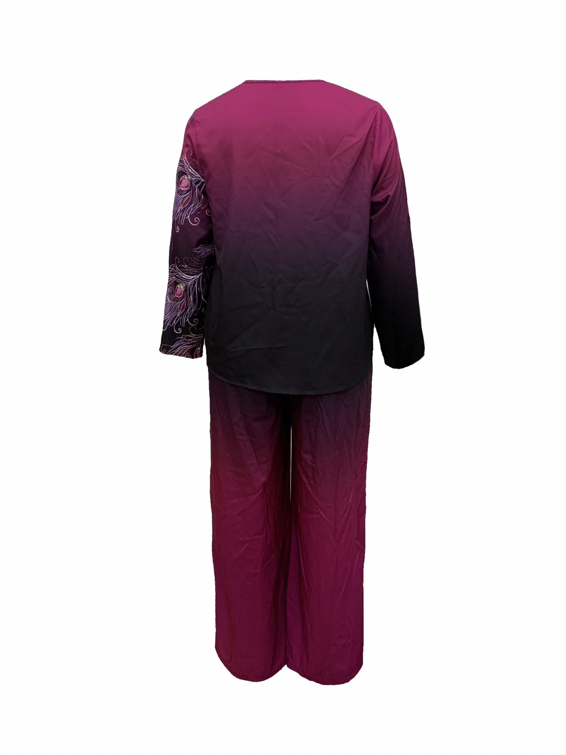 Women's Plus Peacock & Ombre Print Top & Pants Set