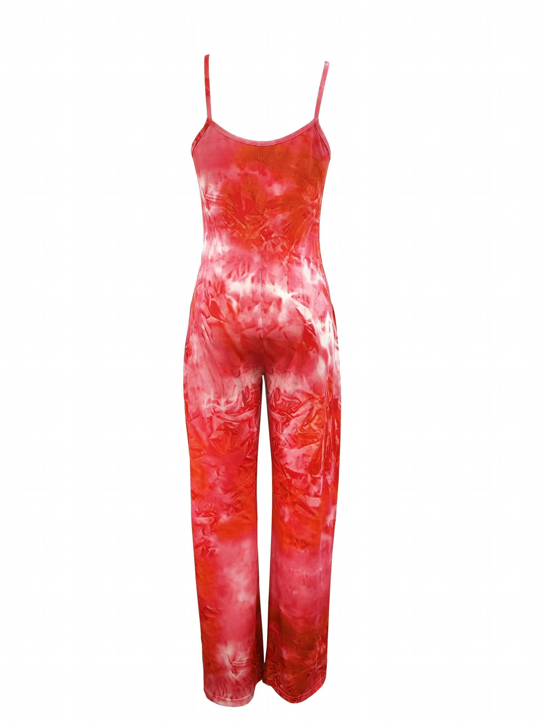 Tie Dye Spaghetti Strap Jumpsuit Sexy V Neck Sleeveless Wide Leg Jumpsuit
