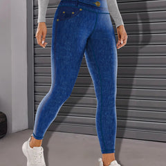 Faux Denim Print Yoga Leggings Tummy Control High Waist Workout Pants Activewear