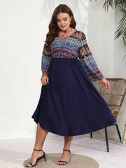 Colorblock Tribal Print Long Sleeve V Neck Maxi Dress
