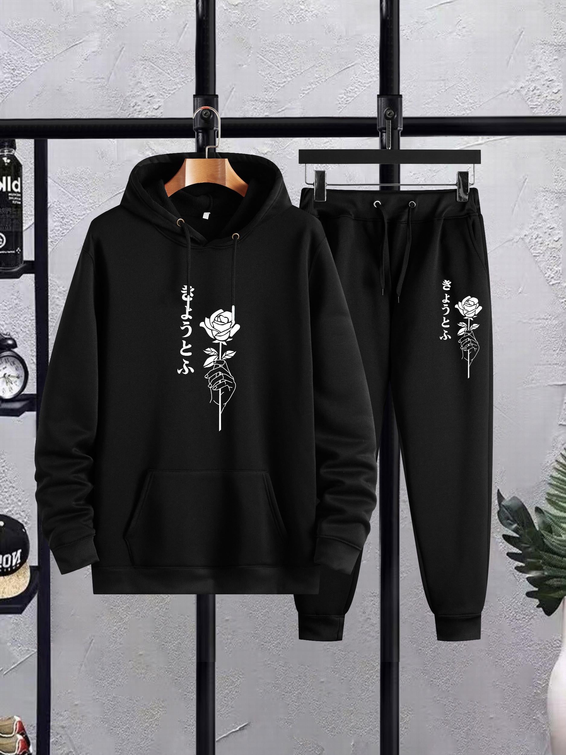 Rose Graphic Print Men's Hoodies & Pants Set Loose Plus Size Winter Fall