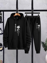 Rose Graphic Print Men's Hoodies & Pants Set Loose Plus Size Winter Fall