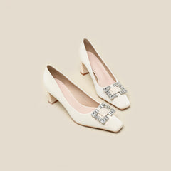 Women's Rhinestone Decor Chunky Heels Square Toe Slip On Shoes