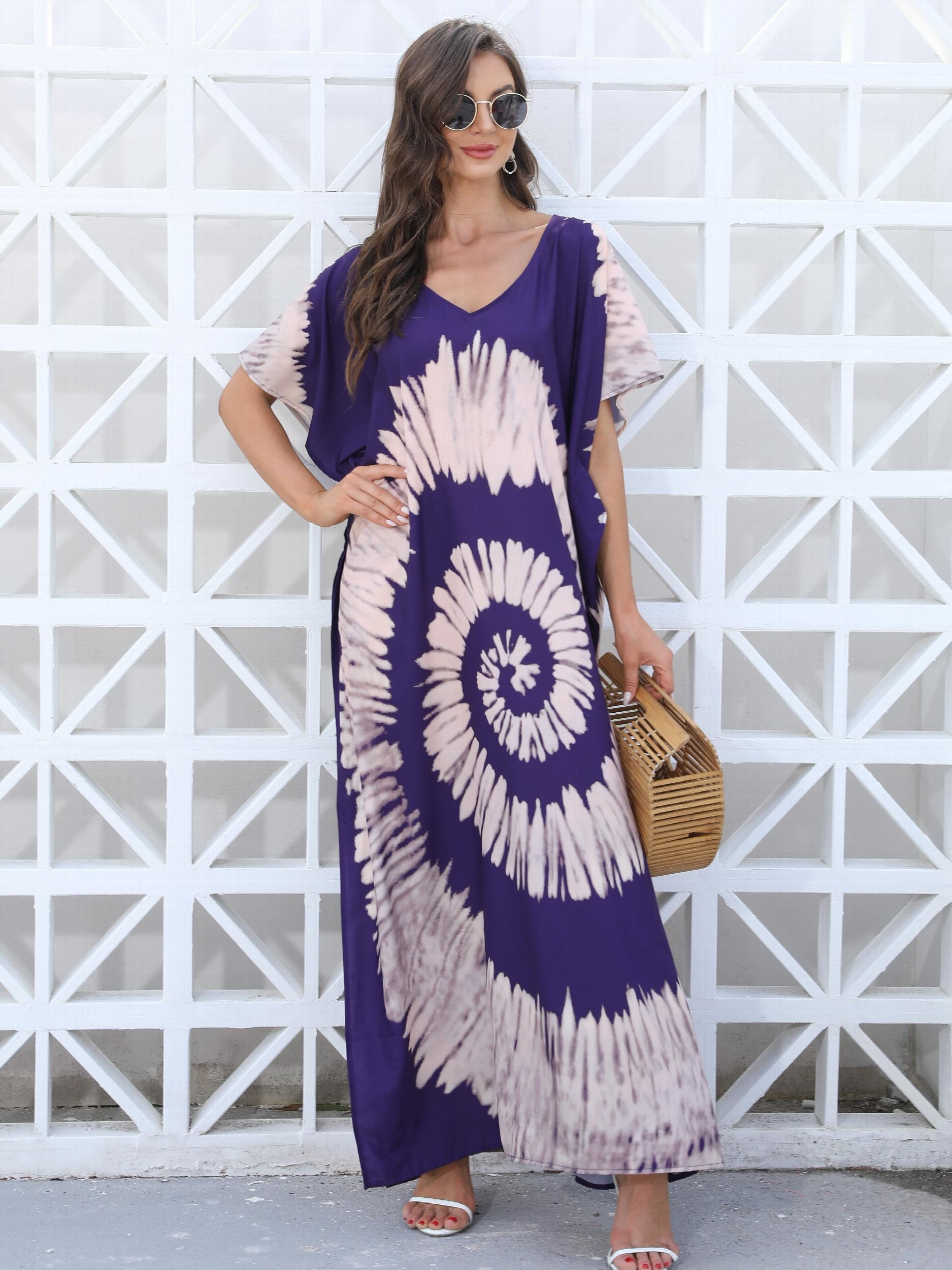 Boho Cover Up Women's Plus Tie Dye Bat Sleeve V Neck Split Loose Beach