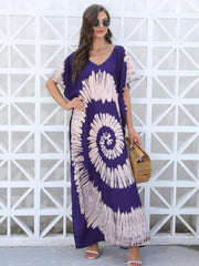 Boho Cover Up Women's Plus Tie Dye Bat Sleeve V Neck Split Loose Beach