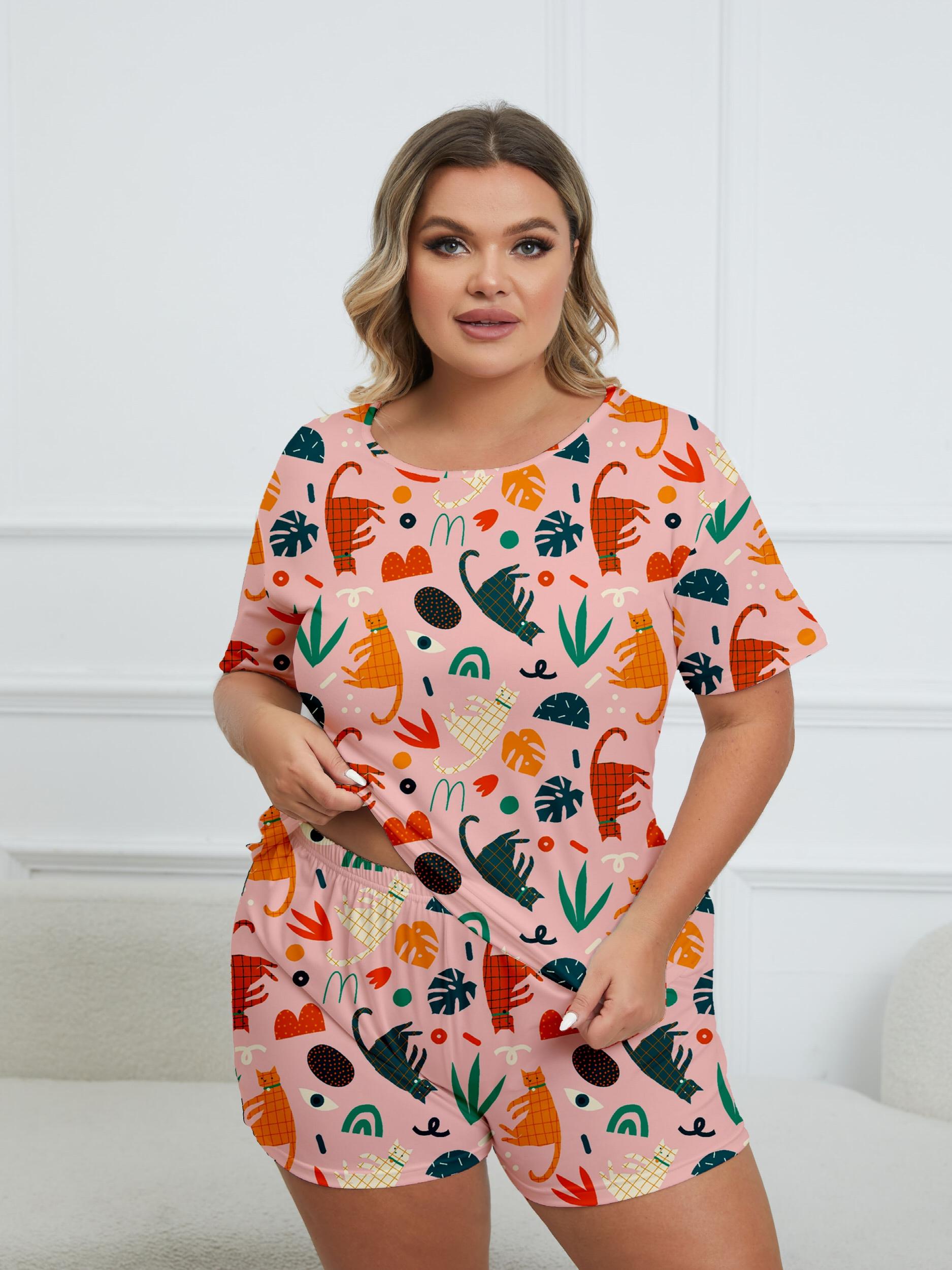 Cat & Leaf Print Tee & Shorts Pajama 2 Piece Set