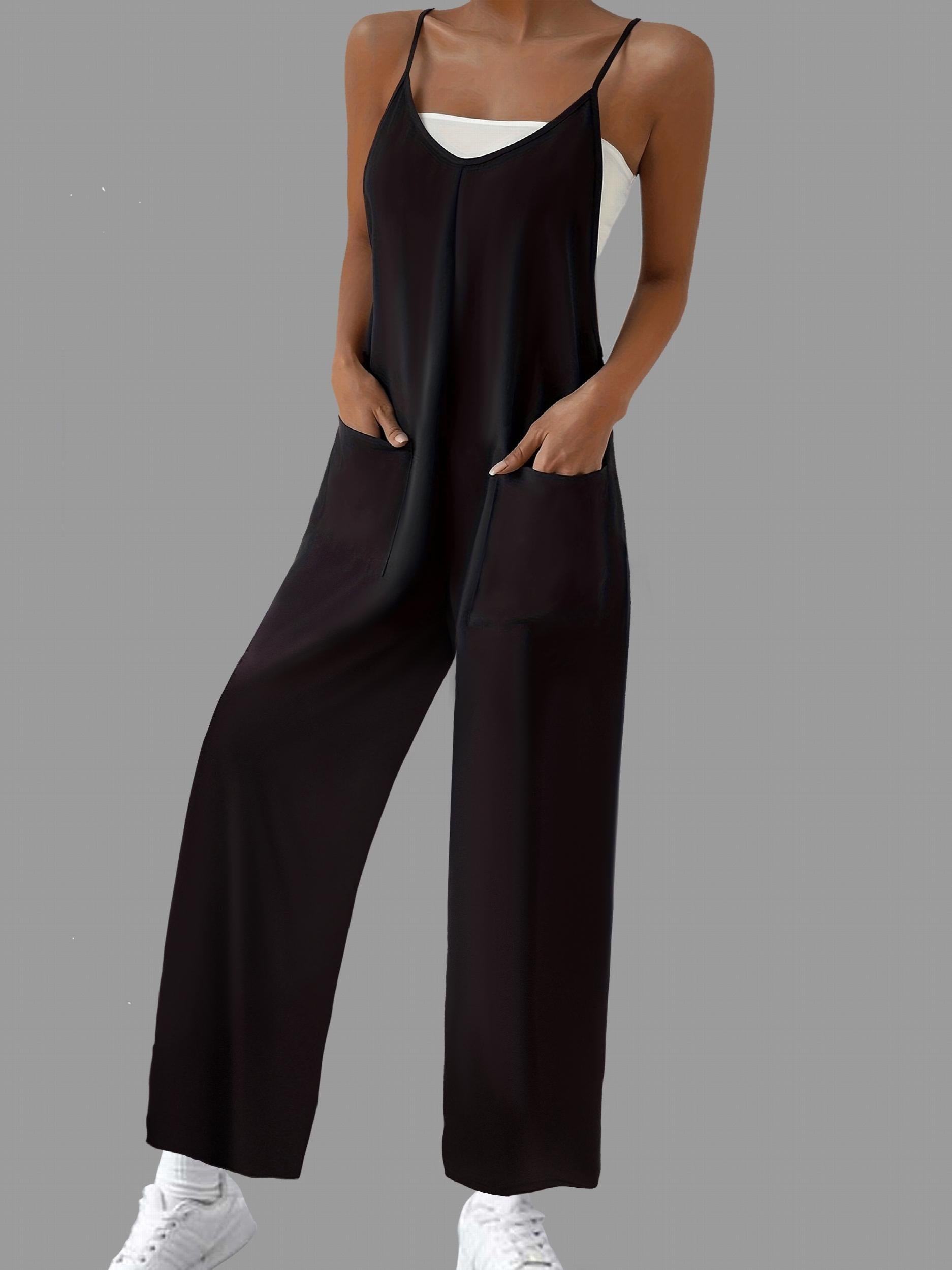 Solid Suspender Jumpsuit Casual V Neck Wide Leg Jumpsuit With Pockets