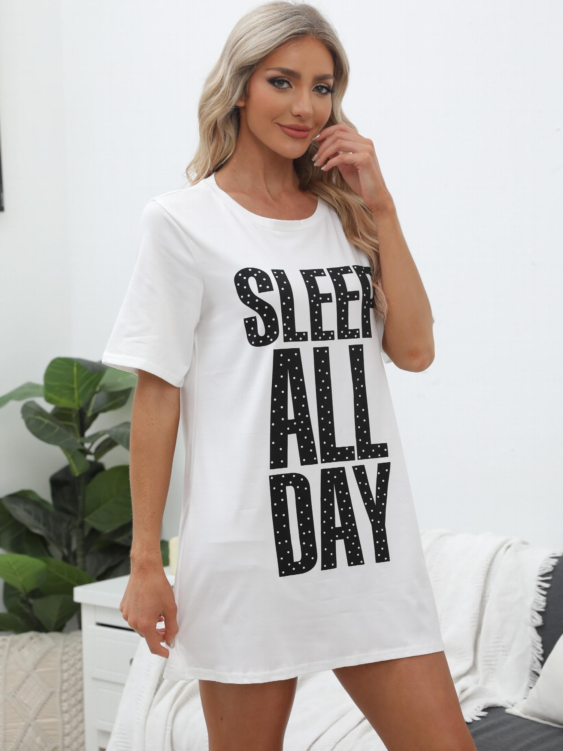 Letter Print NightDress Short Sleeve Pajama Dress