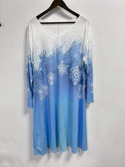 Snowflake Print Long Sleeve V Neck Loose Fit Dress