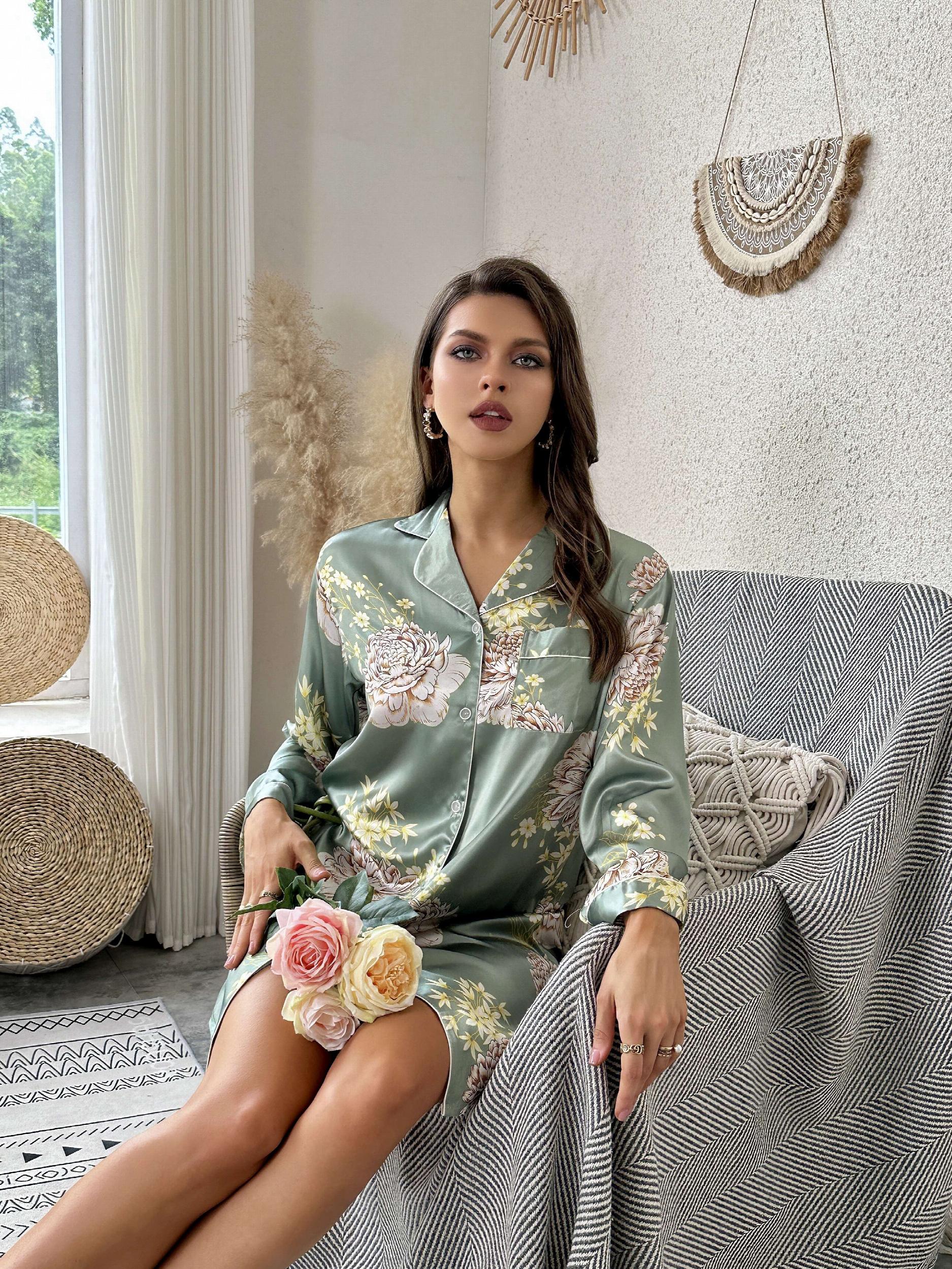 Floral Print Nightdress Long Sleeve Sleep Dress Women's Sleepwear