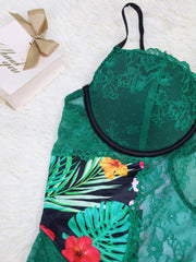 Tropical Print Lace Underwire Teddy Bodysuit
