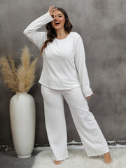 Solid Textured Pajama Set Long Sleeve Top & Pants Two Piece Lounge Set