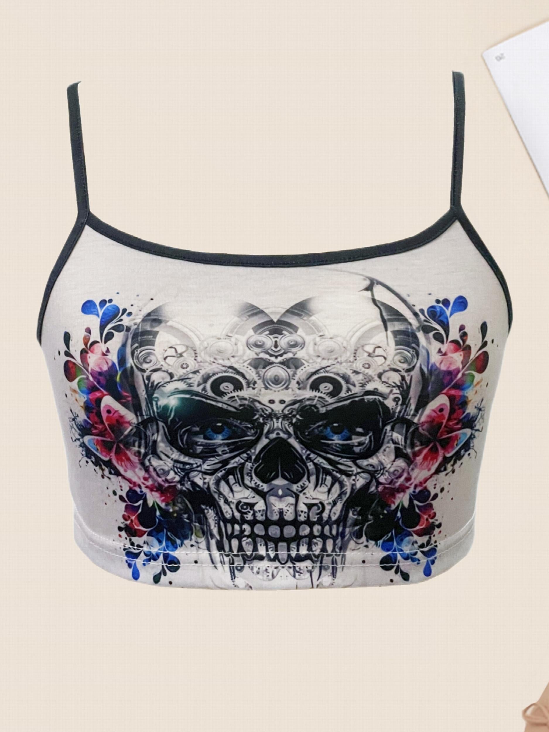 Y2K Skull Print Crop Cami Top Gothic Sleeveless Cami Top