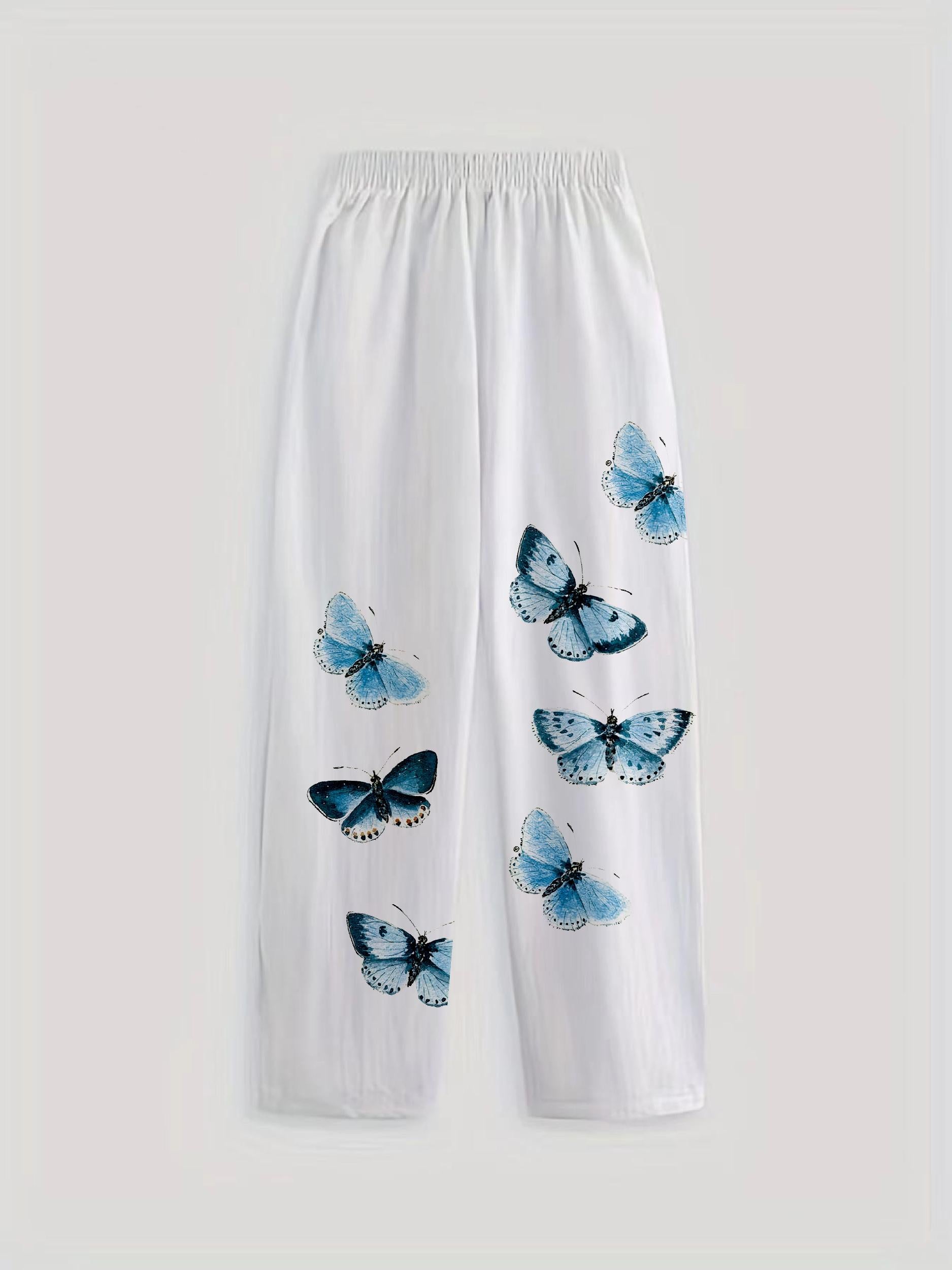 Butterfly Print Elastic Waist Pants Casual Pants Spring Summer