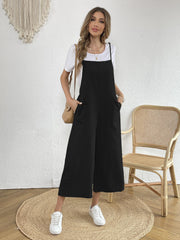 Solid Spaghetti Jumpsuit Wide Leg Jumpsuit With Pockets