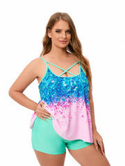 Women's Plus Size Sequin Print Criss Cross Tankini Set