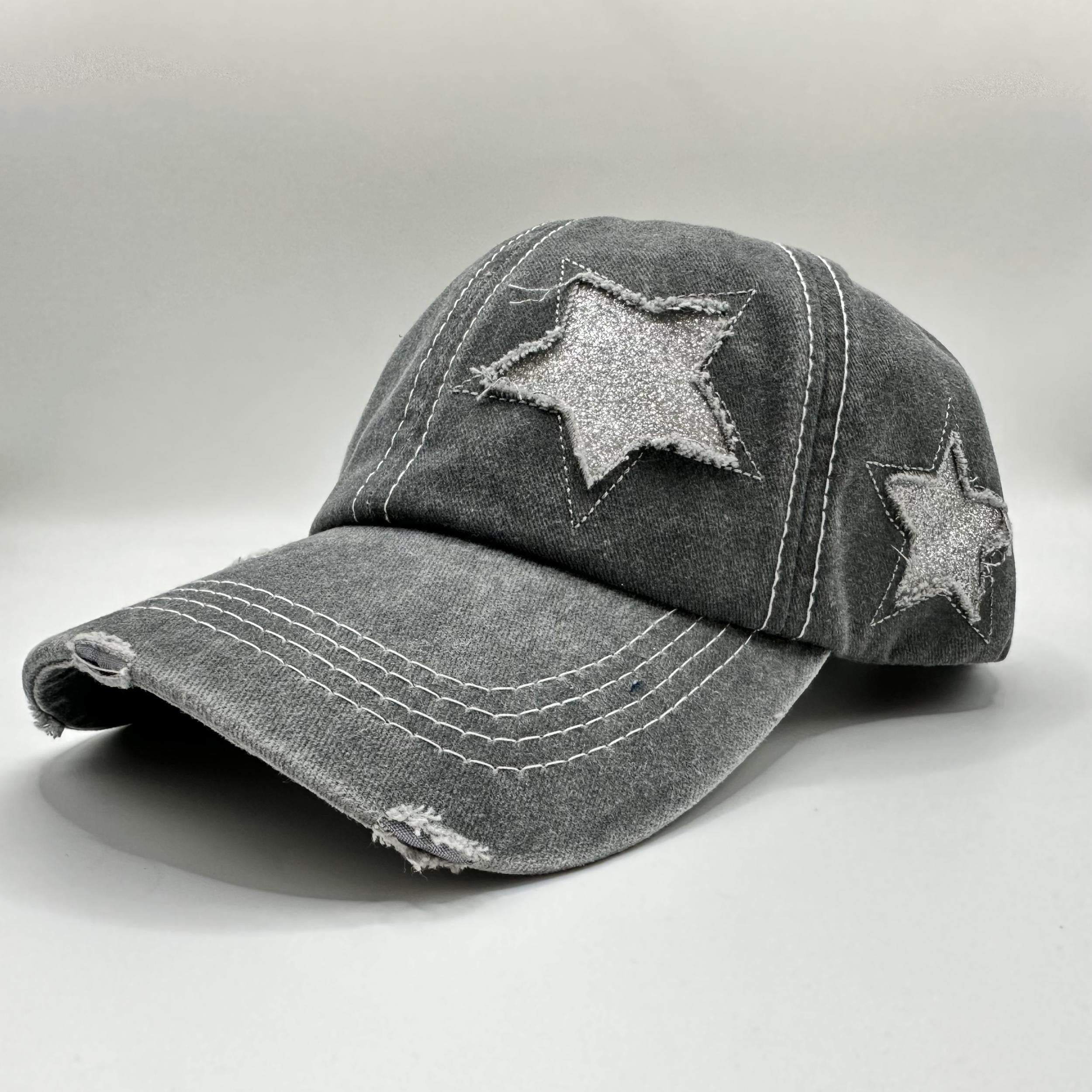 Glitter Star Ripped Baseball Cap Distressed Dad Hats Women