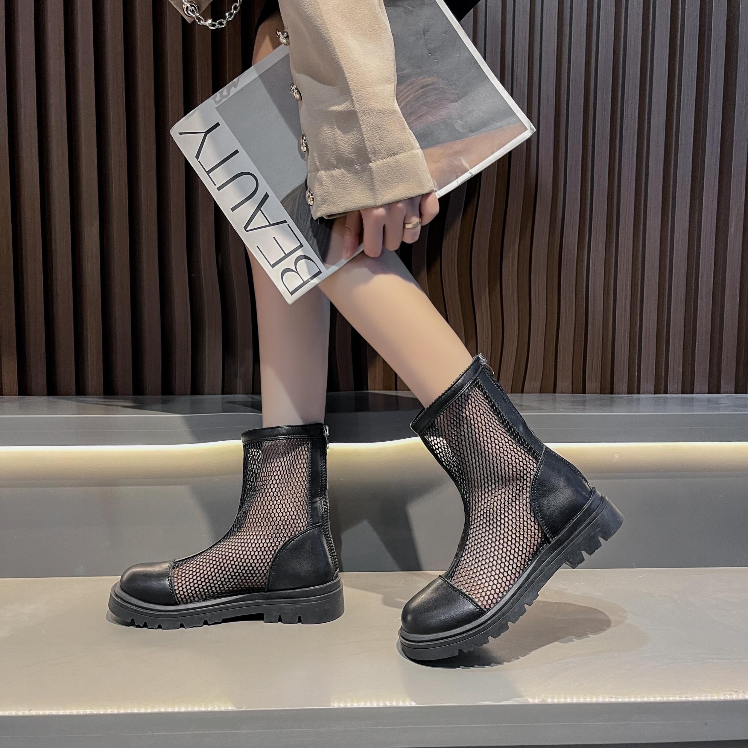 Women's Hollow Out Ankle Boots Round Toe Back Zipper Shoes