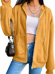 Women's Zip Up Solid Hoodie Long Sleeve Casual Sweatshirt
