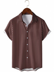 Men's Vertical Striped Camp Collar Bowling Shirt Short Sleeve Summer Hawaiian