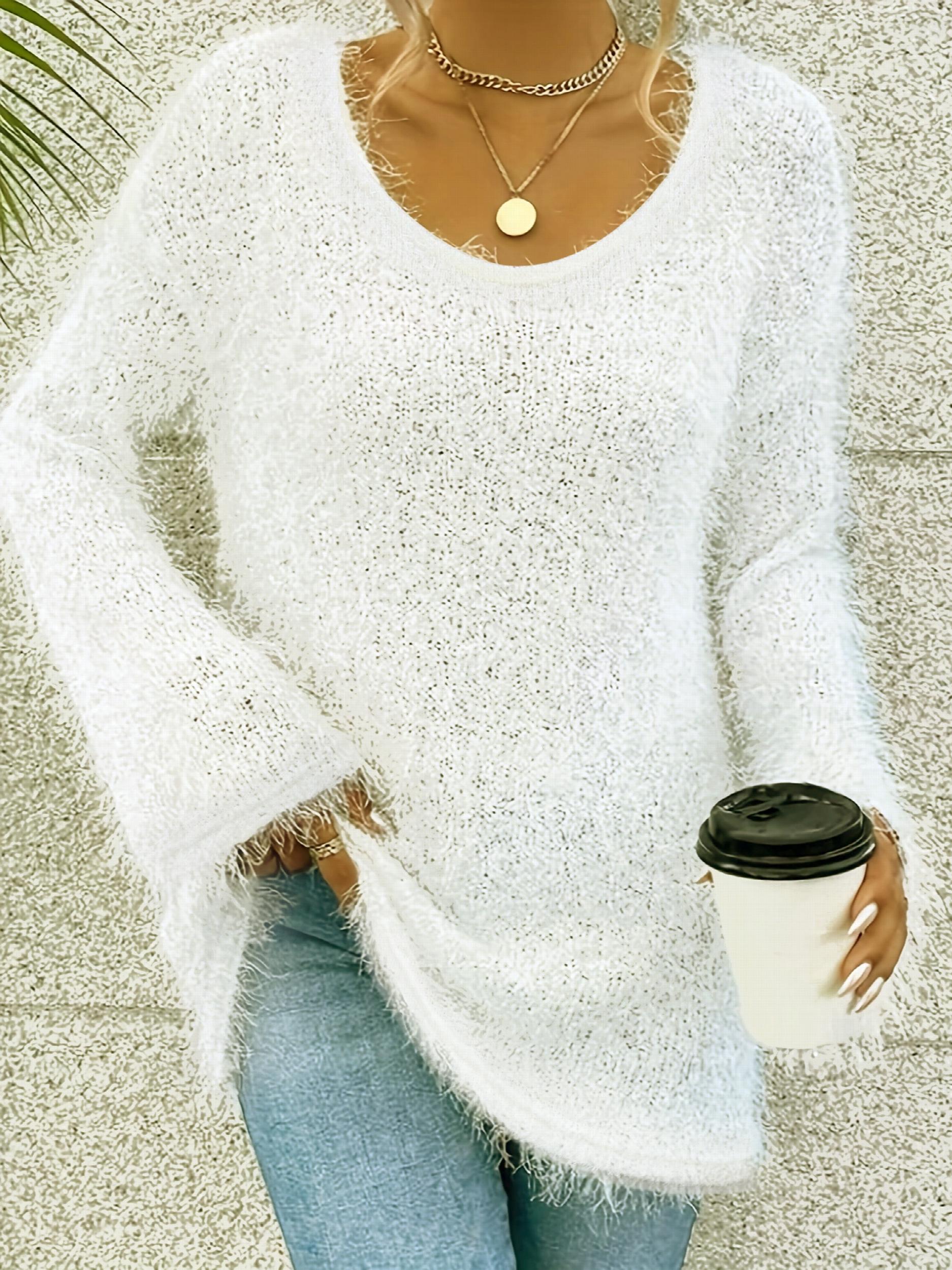 Solid Eyelash Long Sleeve Round Neck Jumper