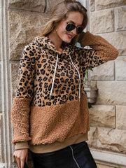 Leopard Colorblock Teddy Fuzzy Hoodie