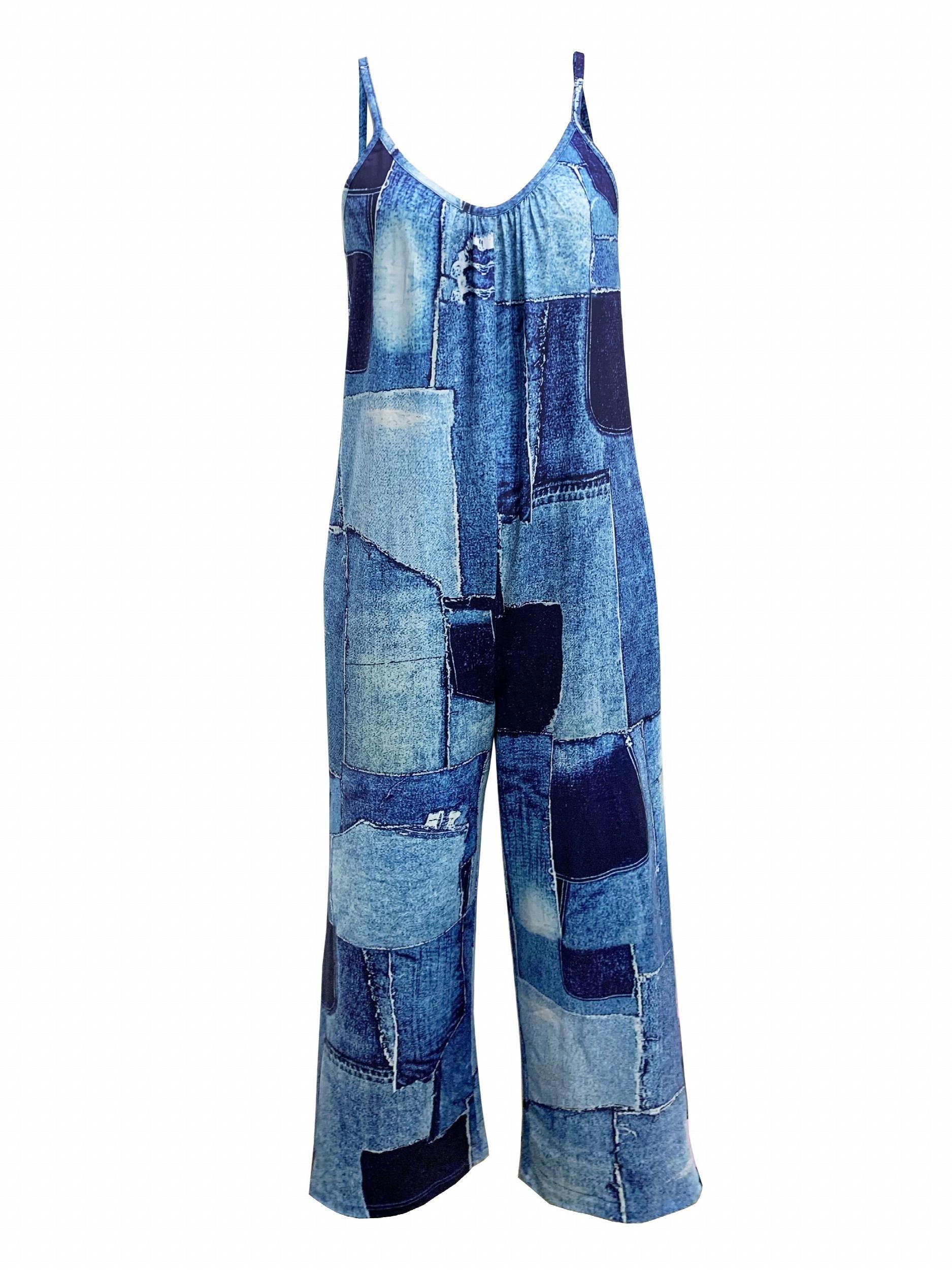 Denim Print Wide Leg Jumpsuit Sleeveless Women's Clothing