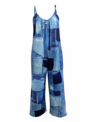 Denim Print Wide Leg Jumpsuit Sleeveless Women's Clothing
