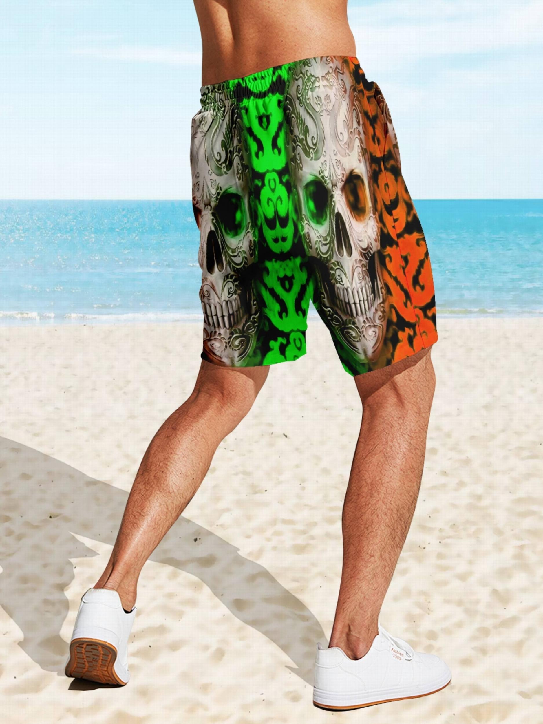 Quick Dry Drawstring Men's Swim Trunks Skulls Print Board Shorts