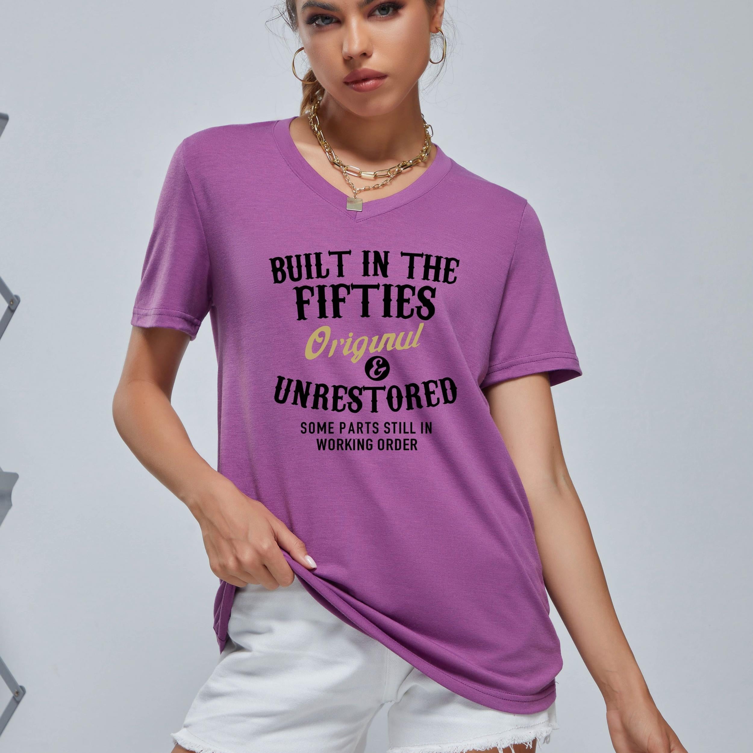 Fifties Print V Neck T-Shirt Sports Fitness Top