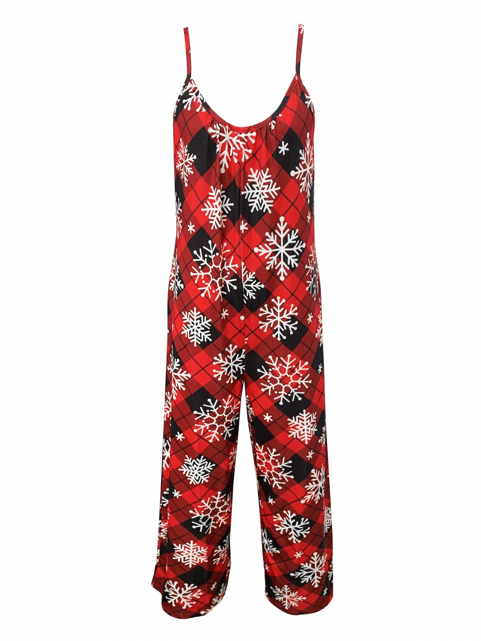 Plaid & Snowflake Print Wide Leg Jumpsuit