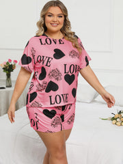 Heart & Letter Print Pajama Set Tee & Shorts Two Piece Set
